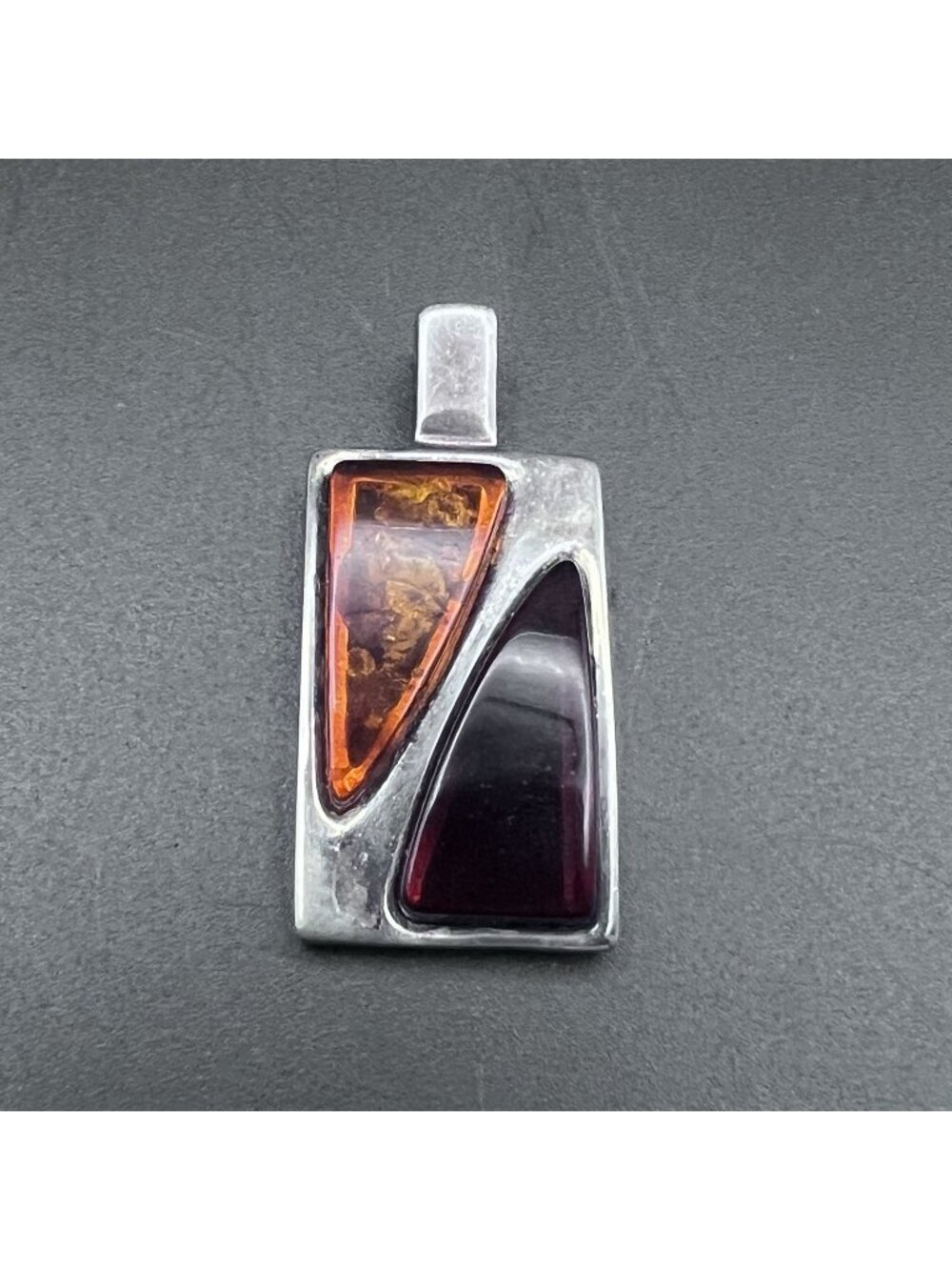 Vintage Sterling Silver Modernist Amber Geometric Pendant 1.5" 8.1g